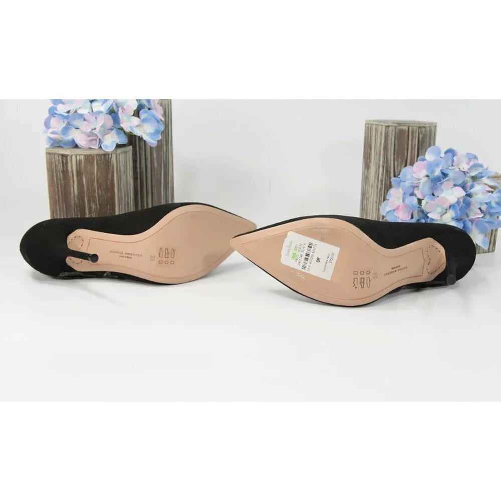 Sophia Webster Black Floral Applique Suede Heels - Picture 7 of 8